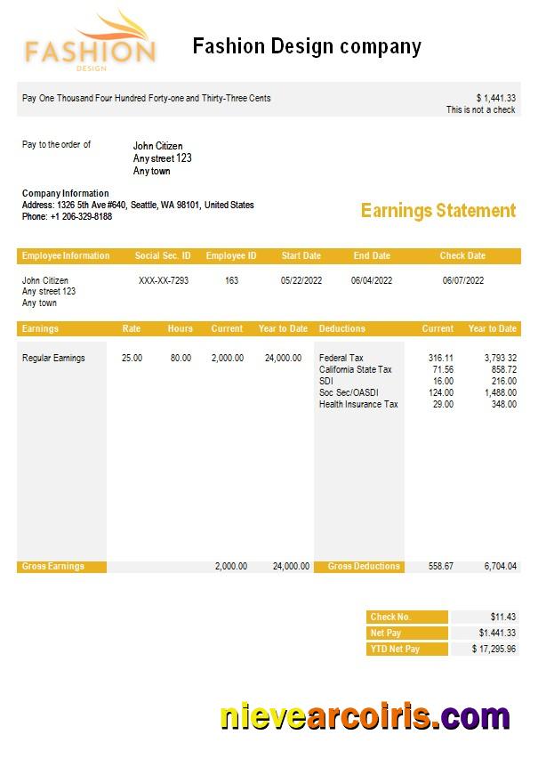 Fashion company payslip